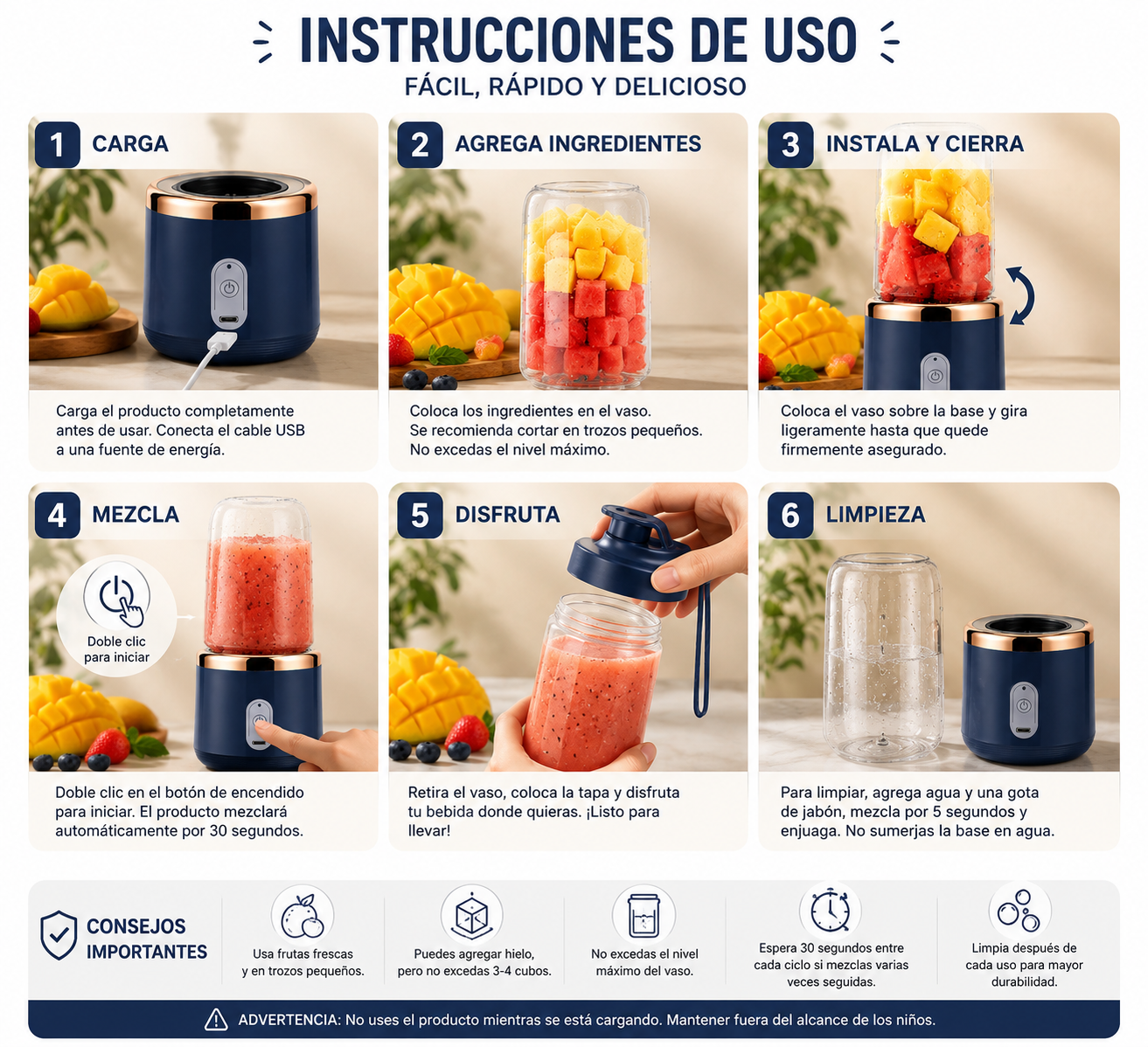 Licuadora Portátil Recargable 400 ml – 6 Cuchillas de Alta Potencia
