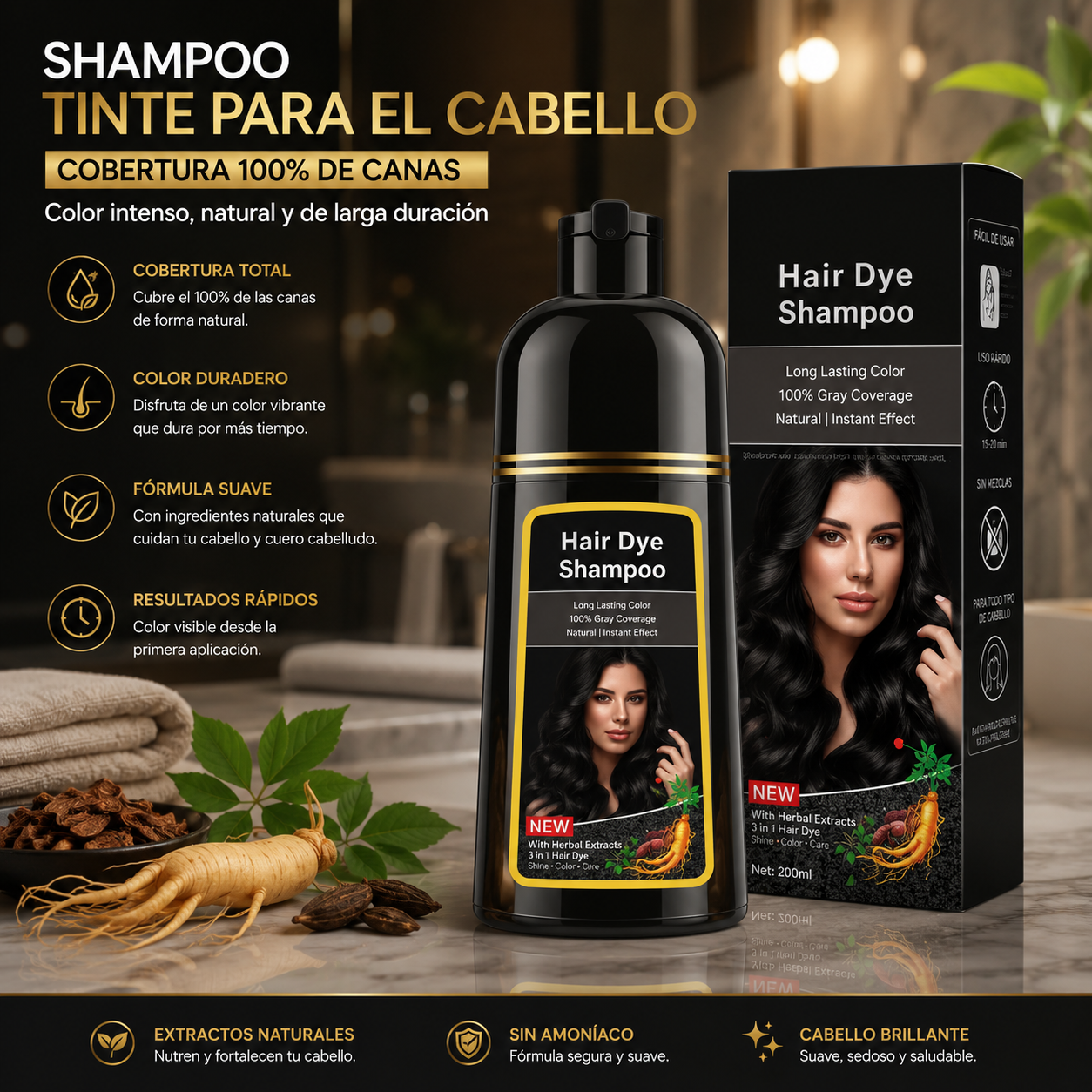 CHAMPÚ TINTE PARA CUBRIR LAS CANAS SHAMPOO 500ML, 3-IN-1 NEGRO