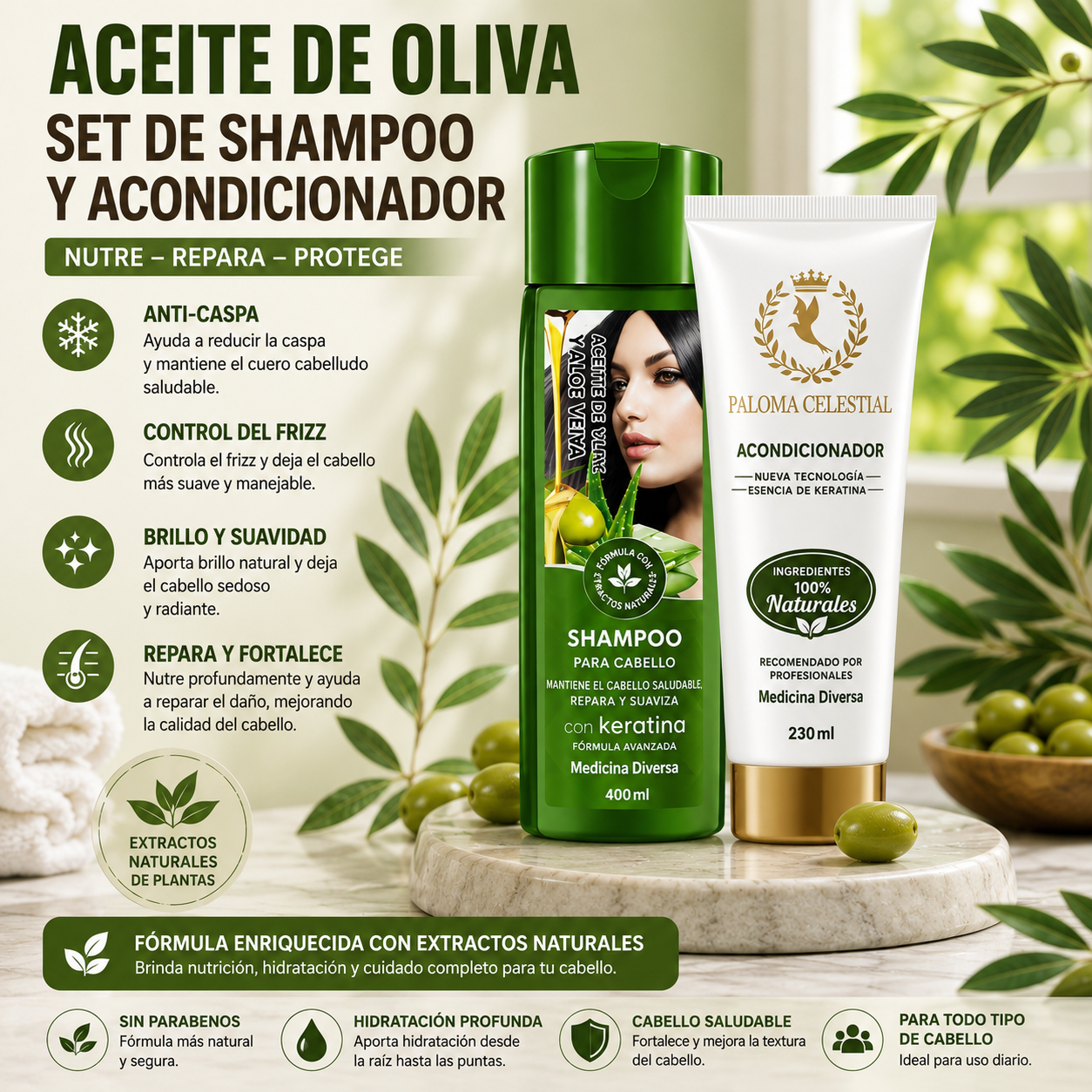 Set de Shampoo y Acondicionador con Aceite de Oliva y Aloe Vera