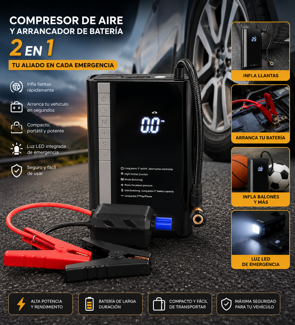 Compresor de Aire y Arrancador de Batería 2 en 1