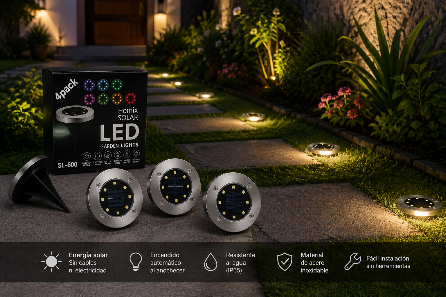 SET DE 4 LUCES LED PARA JARDÍN CON PANEL SOLAR SL-600