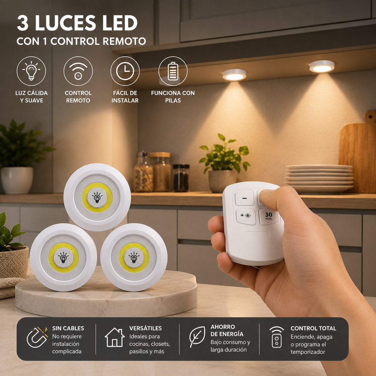 SET DE 3 LUCES LED CON CONTROL REMOTO