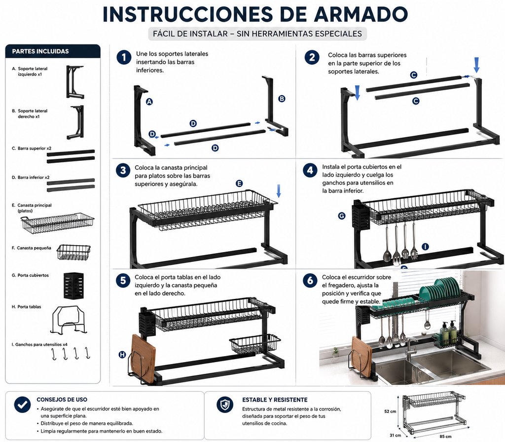 ESCURRIDOR DE 85 CM EN ACERO INOXIDABLE COLOR NEGRO